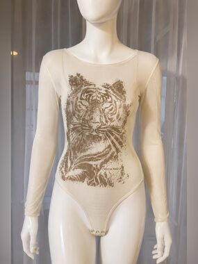 NWT Vintage Krizia Maglia Tiger Mesh Bodysuit Women’s Size 44 Cream Sheer Y2K